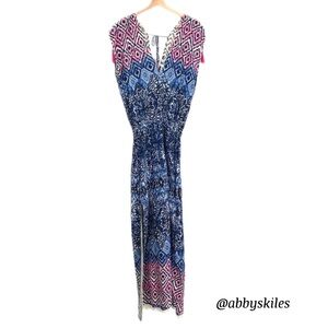Naudic Sleeveless Blue Pink Boho Print Maxi Dress with Tassel Ties Size Medium